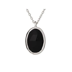 Halsketting met ovale natuurlijke zwarte onyx, in 925 gerhodineerd zilver, lengte 42+3cm