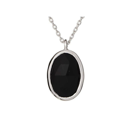 925 rodyum kaplama gümüş, oval doğal siyah oniks kolye, uzunluk 42+3cm