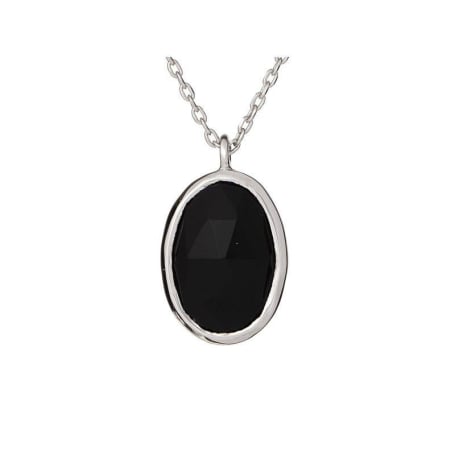 Halsketting met ovale natuurlijke zwarte onyx, in 925 gerhodineerd zilver, lengte 42+3cm