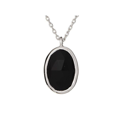 Necklace with natural oval black onyx, in 925 rhodium silver, length 42+3cm