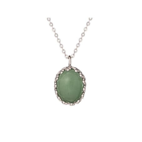 Colar com aventurina oval verde, em prata 925 banhada a ródio, comprimento 42 + 3 cm