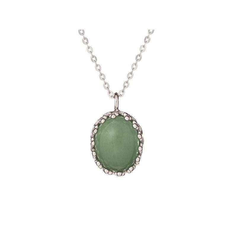 Collier avec aventurine verte ovale, en argent rhodié 925, longueur 42 + 3 cm