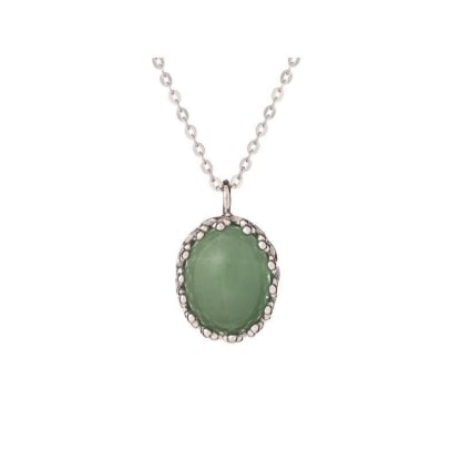 Collana con avventurina verde ovale, in argento 925 rodiato, lunghezza 42+3 cm
