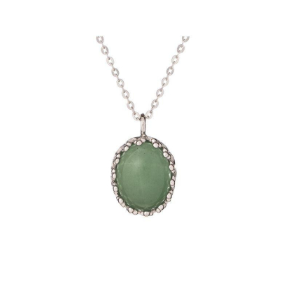 Collier avec aventurine verte ovale, en argent rhodié 925, longueur 42 + 3 cm