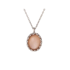 925 rodyum kaplama gümüş, oval pembe ay taşlı kolye, uzunluk 42+3cm