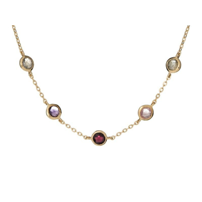 Halskette mit mehrfarbigen Mehrsteinen, aus 925er vergoldeter Silber, Länge 42 + 3 cm