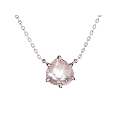 Doğal pembe kuvarslı kalp kolye, 925 rodyum kaplama gümüş, uzunluk 42+3cm