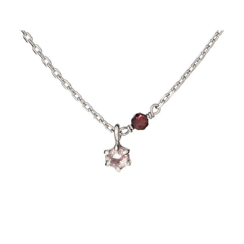 Collana con quarzo rosa e granato, in argento 925 rodiato, lunghezza 42+3 cm