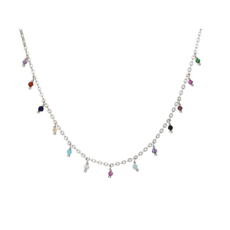 Necklace with multi-colored stones, in 925 rhodium silver, length 40 + 3 cm