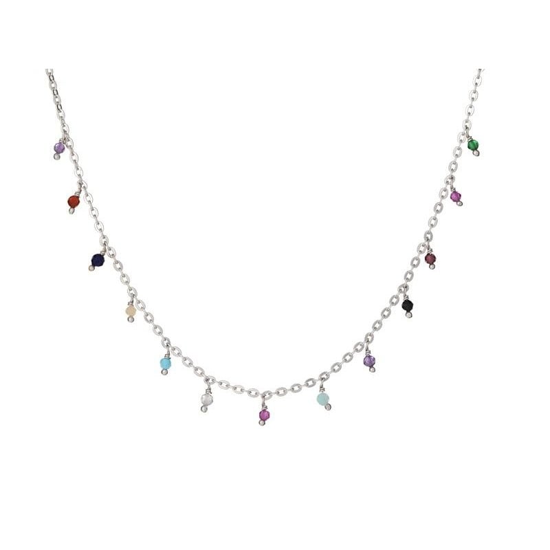 925 rodyum kaplama gümüş, çok renkli çok taşlı kolye, uzunluk 40 + 3 cm