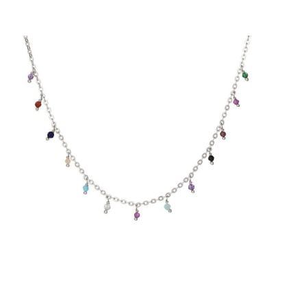 Collana con multi pietre multicolori, in argento 925 rodiato, lunghezza 40+3 cm