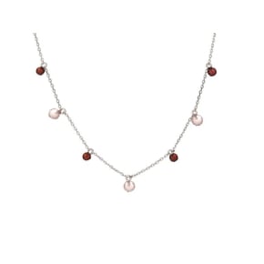 Collana con quarzo rosa e granato, in argento 925 rodiato, lunghezza 40+3cm
