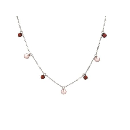 Collana con quarzo rosa e granato, in argento 925 rodiato, lunghezza 40+3cm