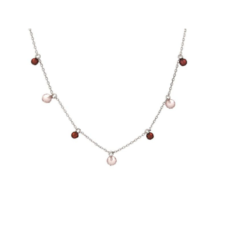 Collier avec quartz rose et grenat, en argent rhodié 925, longueur 40+3cm