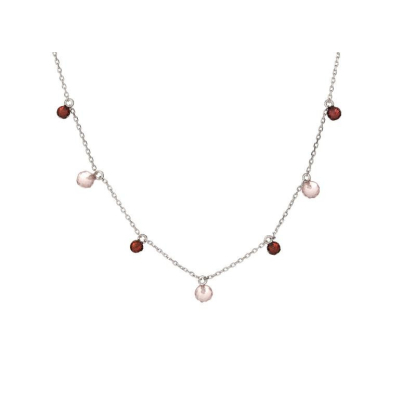 Collana con quarzo rosa e granato, in argento 925 rodiato, lunghezza 40+3cm