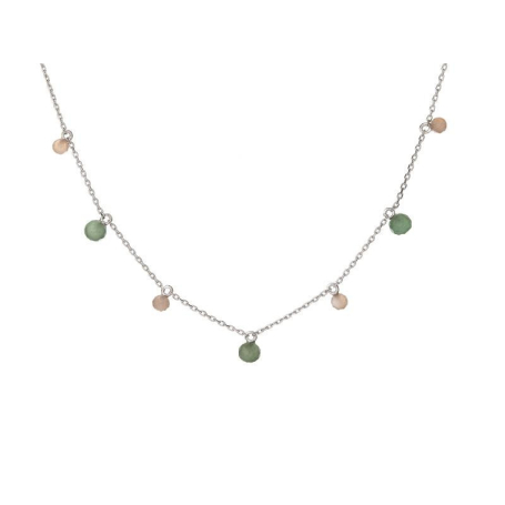 Collier avec pierre de lune rose et aventurine, en argent rhodié 925, 40+3cm