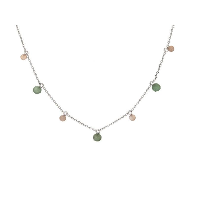 Collana con pietra di luna rosa e avventurina, in argento 925 rodiato, 40+3cm