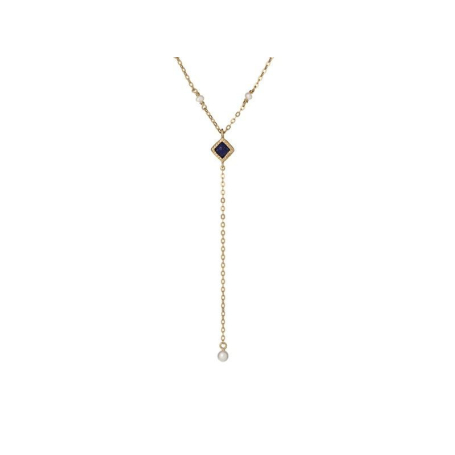 Lapis lazuli ve incili kolye, 925 altın gümüş, uzunluk 50 + 10 cm