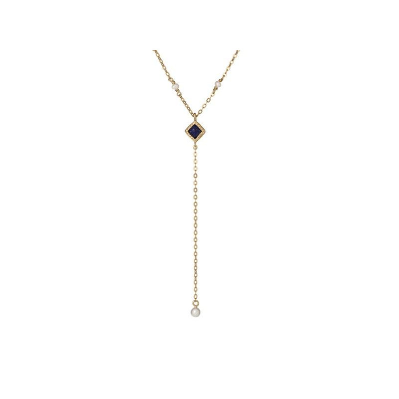 Collier avec lapis-lazuli et perles, en argent doré 925, longueur 50 + 10 cm