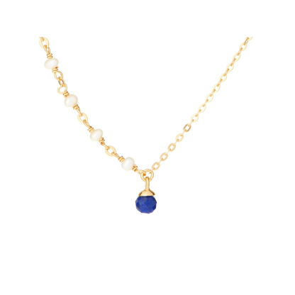 Collier avec lapis-lazuli et perles, en argent doré 925, longueur 40 + 5 cm