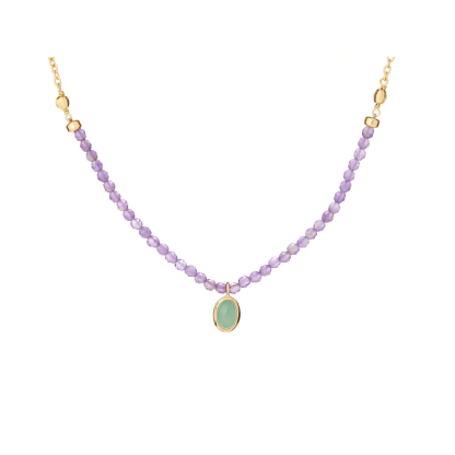 Collier avec aventurine et améthyste, en argent doré 925, longueur 40 + 5 cm