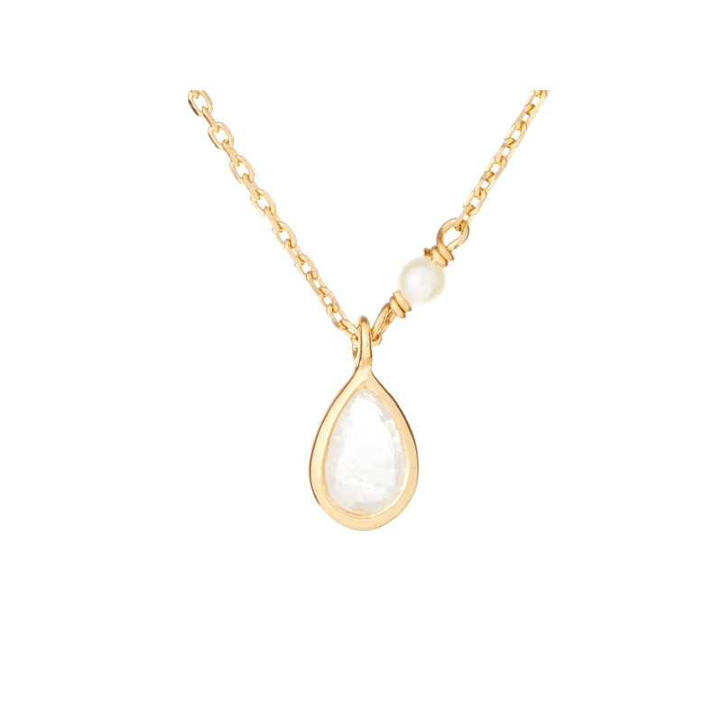 Collar con piedra de luna y perlas, en plata dorado 925, largo 40 + 5 cm