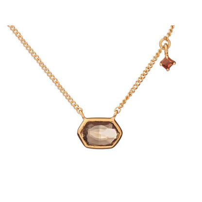 Collier avec quartz fumé et grenat, en argent doré 925, longueur 42 + 3 cm