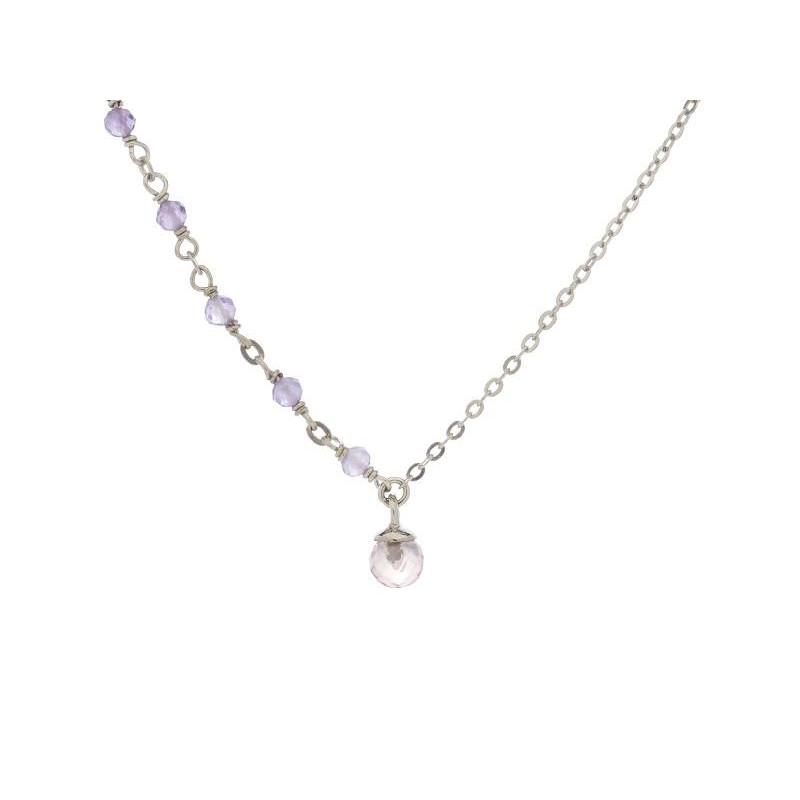Halsketting met amethist en rozenkwarts, in 925 gerhodineerd zilver, lengte 42 + 3 cm