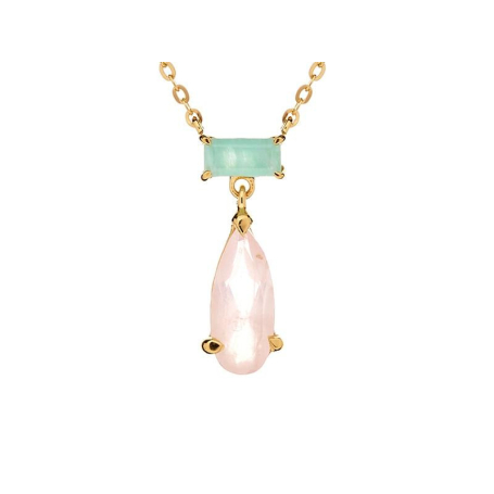 Collier avec amazonite naturelle et quartz rose, argent doré 925, 42+3 cm
