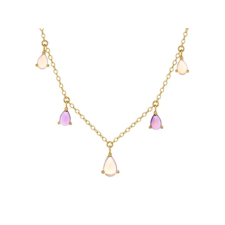 Drop necklace with natural amethyst and rose quartz, gold plated silver, 42 + 3 cm