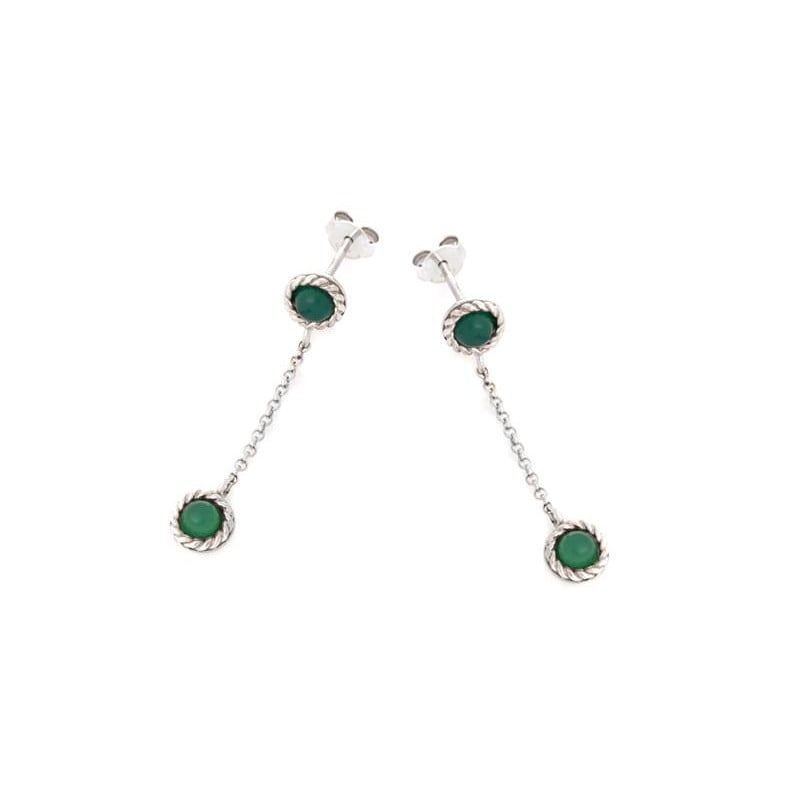 Orecchini pendenti rotondi con agata verde colorata, argento 925 rodiato