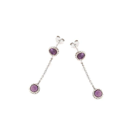 Round dangle earrings with purple amethyst, in 925 rhodium silver
