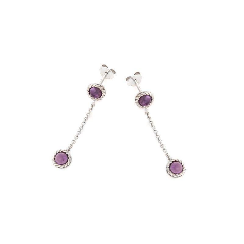 Boucles d'oreilles pendantes ronde avec améthyste violette, en argent rhodié 925