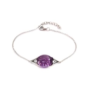 Pulseira com ametista roxa oval, em prata 925 banhada a ródio, comprimento 16+3 cm