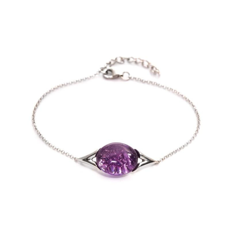 Bracelet avec améthyste violette ovale, en argent rhodié 925, longueur 16+3 cm