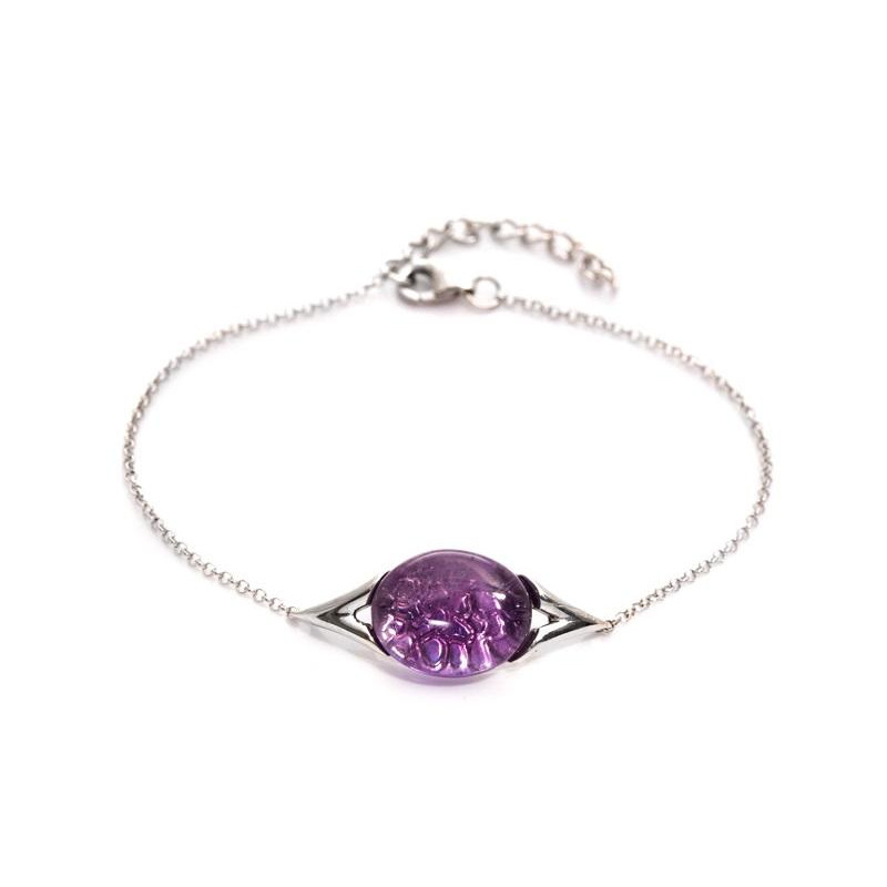 Bracelet avec améthyste violette ovale, en argent rhodié 925, longueur 16+3 cm