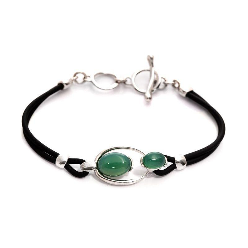 Pulseira com ágata oval tingida de verde, prata 925 banhada a ródio, comprimento 16,5+3 cm