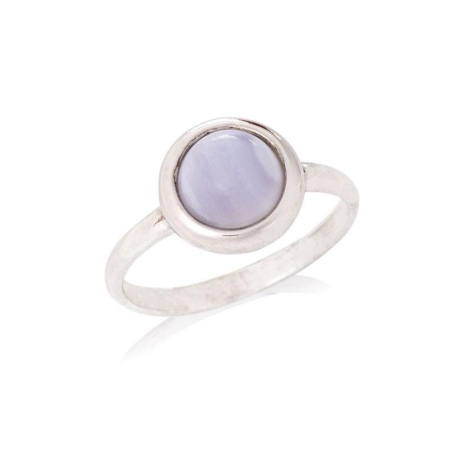 Ring with round natural blue lace agate, in 925 rhodium silver