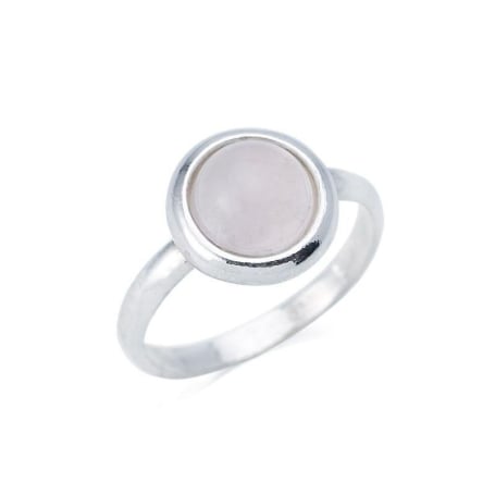 Anillo con cuarzo rosa natural redondo, en plata 925 rodiada
