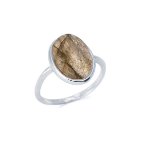 Bague avec labradorite multicolore naturelle ovale, en argent rhodié 925