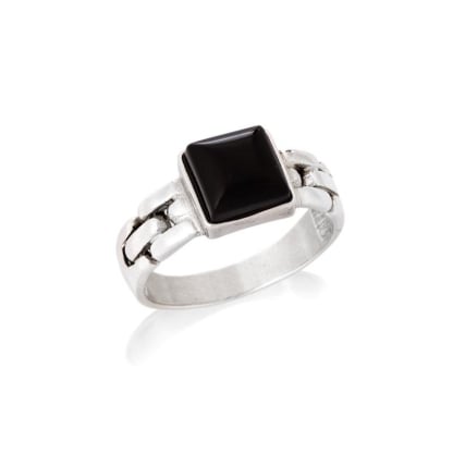 Chevalière avec onyx noir naturel carré, en argent rhodié 925