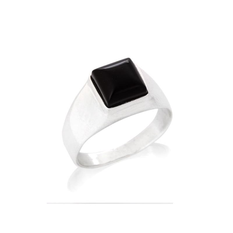 Anillo sello con ónix negro natural cuadrado, en plata 925 rodiada