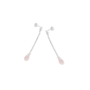 Brincos com gota de quartzo rosa natural, em prata 925 com banho de ródio