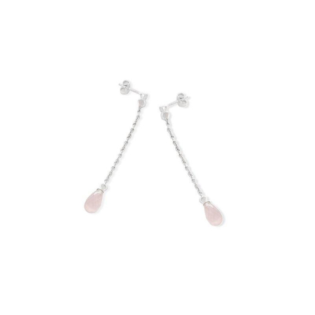 Brincos com gota de quartzo rosa natural, em prata 925 com banho de ródio