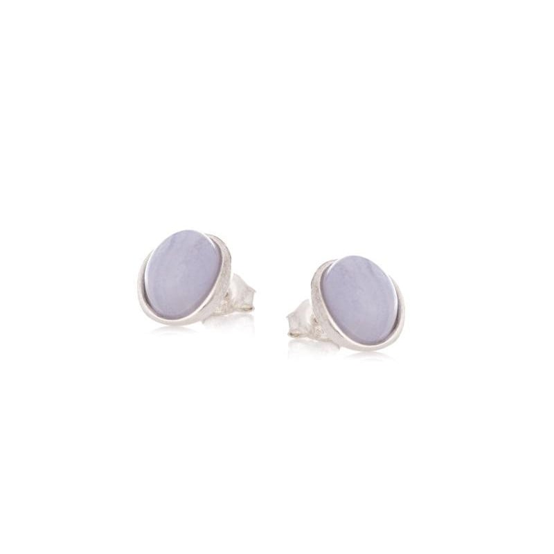 Clous d'oreilles avec agate blue lace naturelle ronde, en argent rhodié 925
