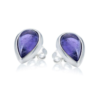 Orecchini a bottone con goccia di ametista viola naturale, in argento 925 rodiato
