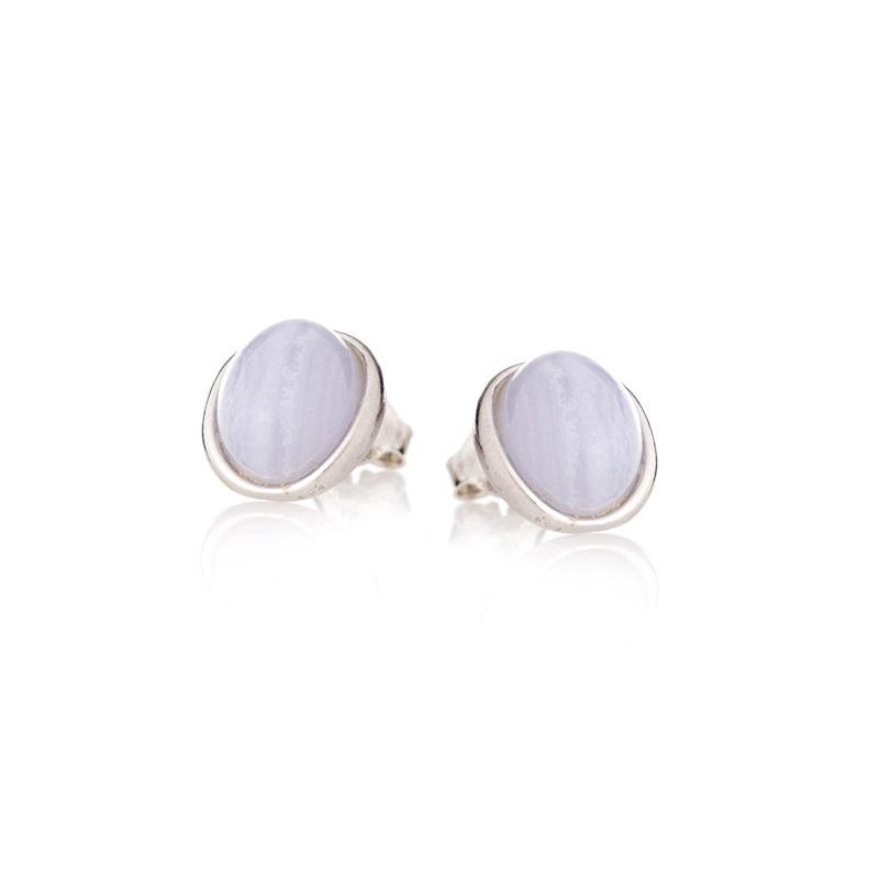 Stud earrings with natural oval blue lace agate, in 925 rhodium silver