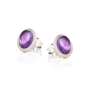 Clous d'oreilles avec améthyste violette naturelle ovale, en argent vieilli 925