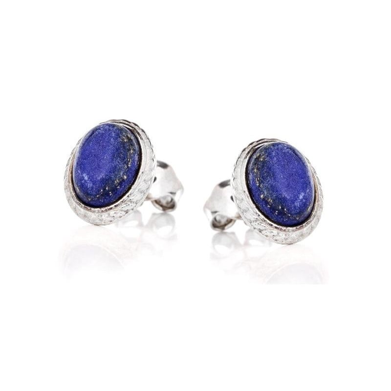 Brincos com lápis-lazúli oval azul natural, em prata 925 envelhecida