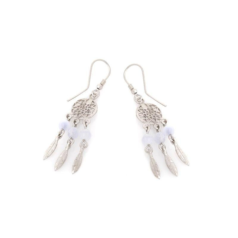 Pendientes con ágata redonda de encaje azul natural, en plata 925 rodiada